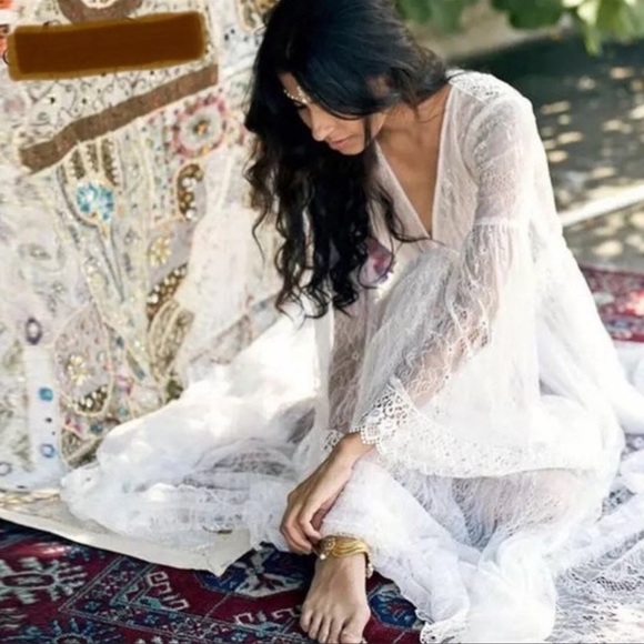 Bohemian Festival White EyeLash Lace A Line Dress /Coverup - Picture 3 of 5